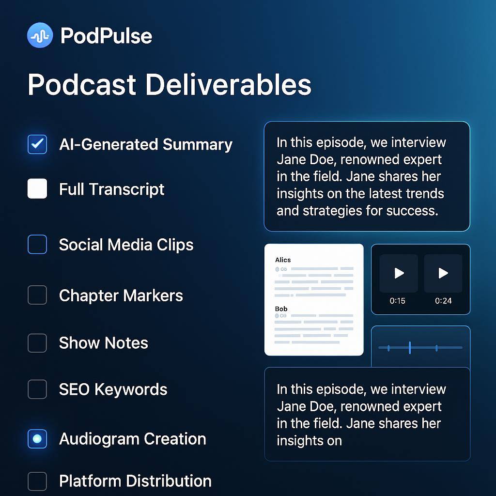 AI-Powered Deliverables Selection Interface showing summaries, transcripts, clips, and more